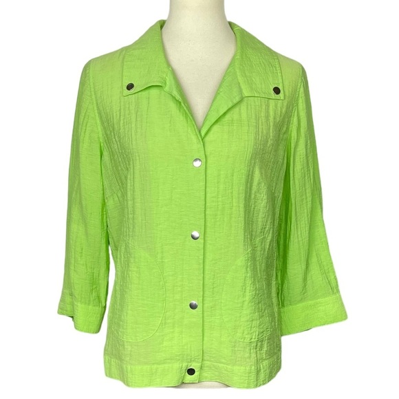 Chico’s Jacket 1 Womens‎ 8 Medium Neon Green Snap Closure Pockets Lightweight - Picture 1 of 12